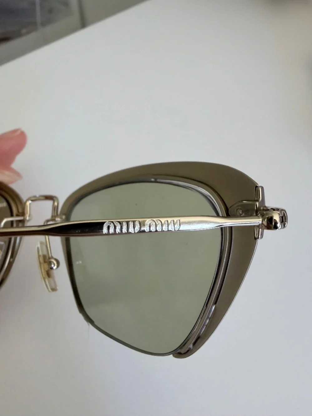 Miu Miu Sage Green Cats Eye Metal Frame Glasses Gold Hardware Modern Lightweight